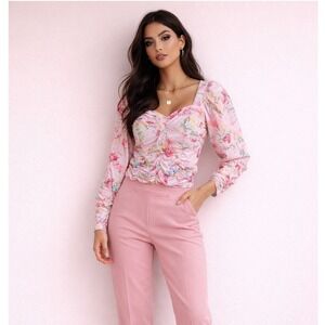 REBDOLLS Pink Floral Ruched Sweetheart Neck Long Sleeve Top Women's Size L